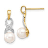 14k 6-7mm White Round Freshwater Cultured Pearl and .01 carat Diamond Ribbon Dangle Post Earrings