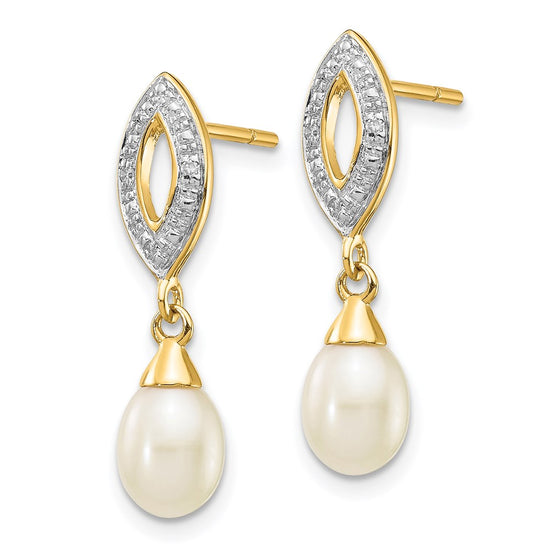 14k 7x5mm White Teardrop Freshwater Cultured Pearl and .01 carat Diamond Dangle Post Earrings