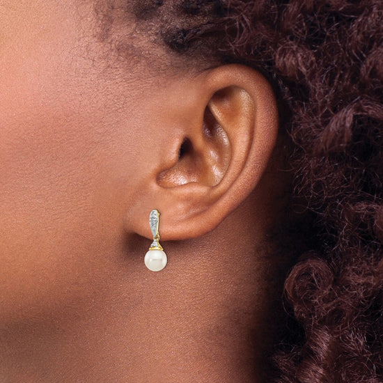 14k 6-7mm White Round Freshwater Cultured Pearl and .08 carat Diamond Dangle Post Earrings