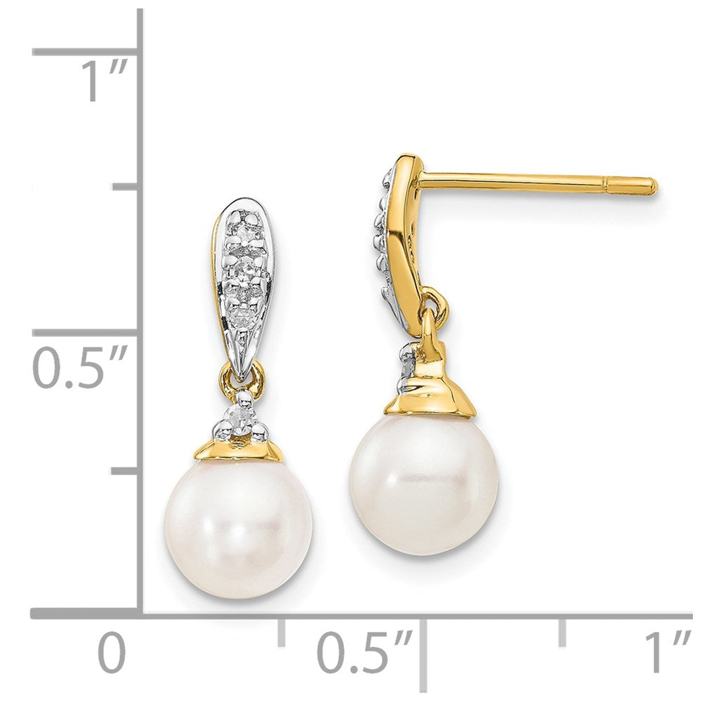 14k 6-7mm White Round Freshwater Cultured Pearl and .08 carat Diamond Dangle Post Earrings