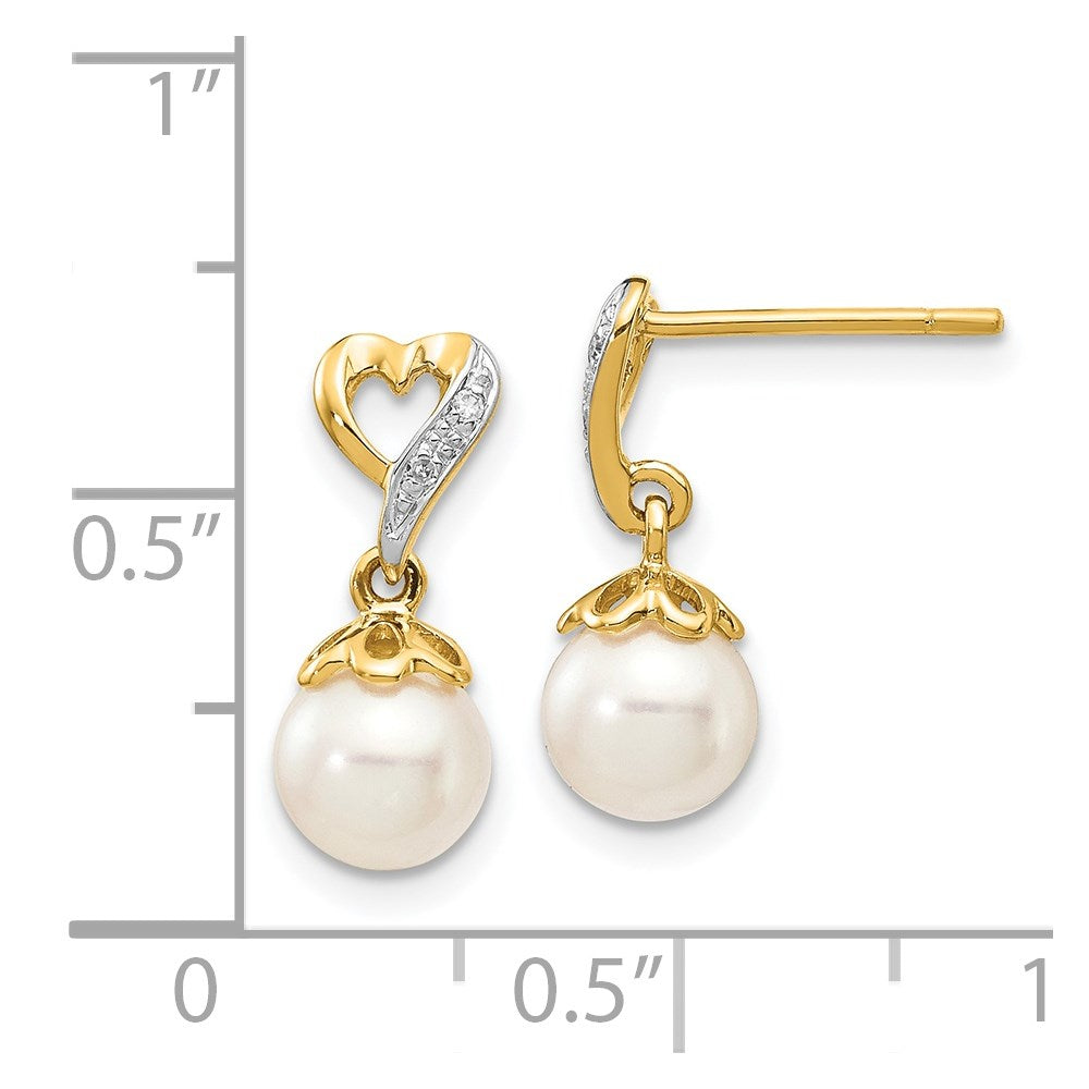 14k 6-7mm White Round Freshwater Cultured Pearl and .01 carat Diamond Heart Dangle Post Earrings