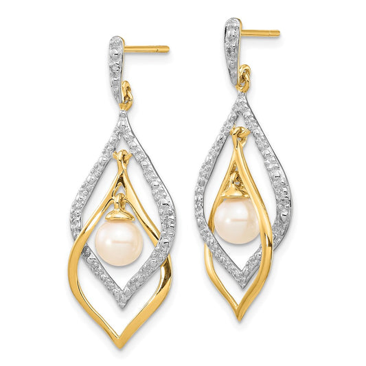 14k 5-6mm White Round Freshwater Cultured Pearl and .02 carat Diamond Dangle Post Earrings