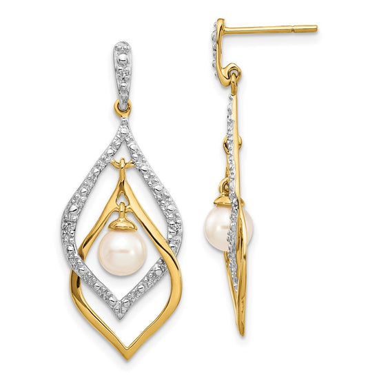 14k 5-6mm White Round Freshwater Cultured Pearl and .02 carat Diamond Dangle Post Earrings