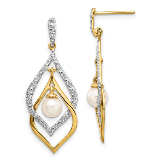 14k 5-6mm White Round Freshwater Cultured Pearl and .02 carat Diamond Dangle Post Earrings