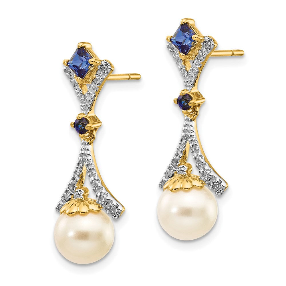 FWC Pearl Created Sapphire Diamond Dangle Post Earrings