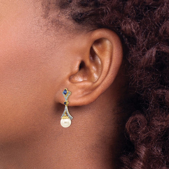 FWC Pearl Created Sapphire Diamond Dangle Post Earrings