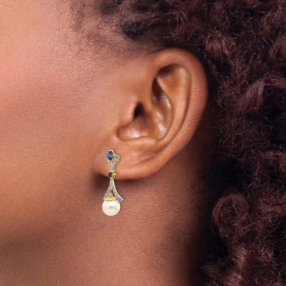 FWC Pearl Created Sapphire Diamond Dangle Post Earrings