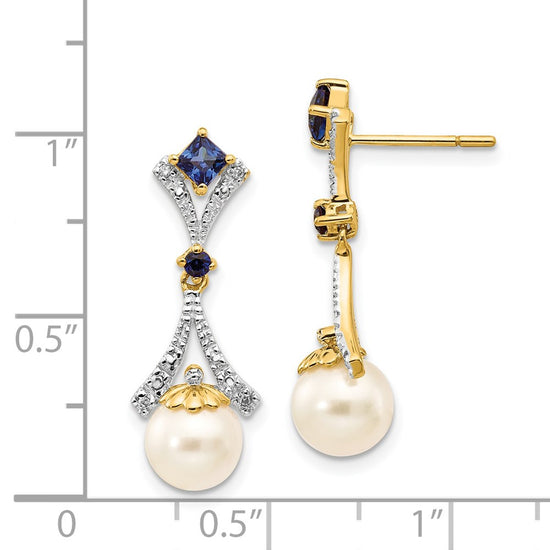 FWC Pearl Created Sapphire Diamond Dangle Post Earrings