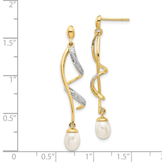 14k 7x5mm White Teardrop Freshwater Cultured Pearl and .01 carat Diamond Dangle Post Earrings