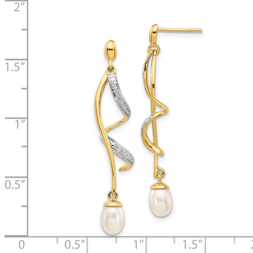 14k 7x5mm White Teardrop Freshwater Cultured Pearl and .01 carat Diamond Dangle Post Earrings