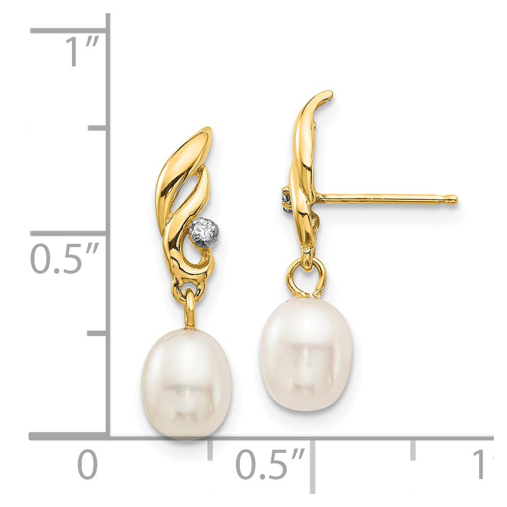 14k 5-6mm White Rice Freshwater Cultured Pearl and .02 Carat Diamond Post Dangle Earrings