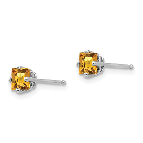 14k White Gold 4mm Princess-cut Citrine Post Earrings