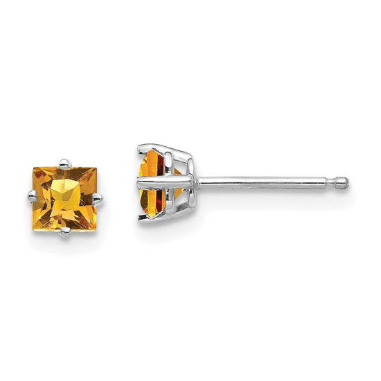 14k White Gold 4mm Princess-cut Citrine Post Earrings
