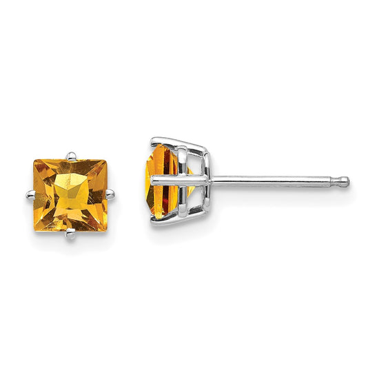 14k White Gold 5mm Princess-cut Citrine Post Earrings