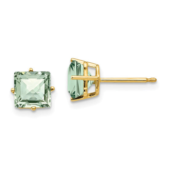 14k 6mm Square Checker-Cut Green Quartz Post Earrings