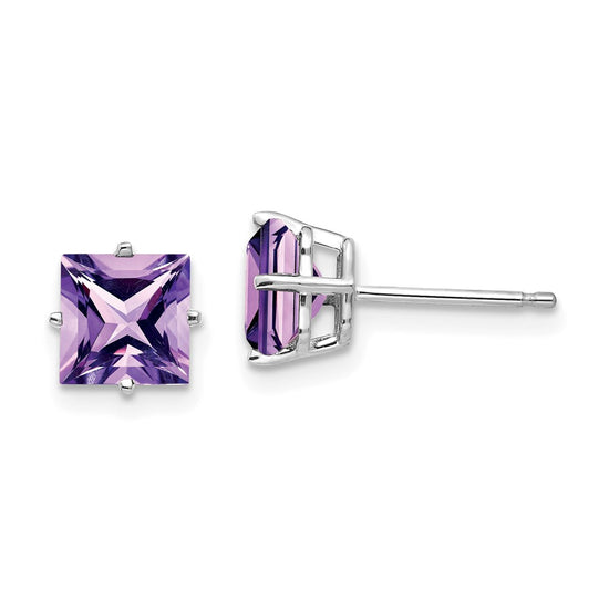 14k White Gold 6mm Princess-cut Amethyst Post Earrings
