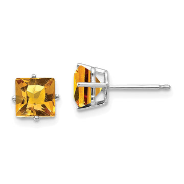 14k White Gold 6mm Princess-cut Citrine Post Earrings