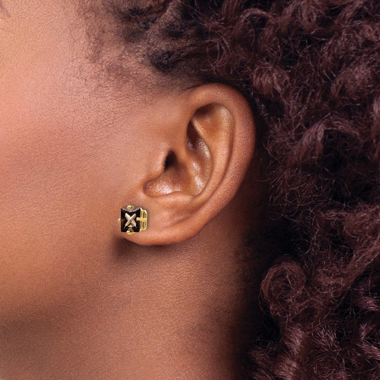 14k 7mm Square Checker-Cut Smoky Quartz Post Earrings