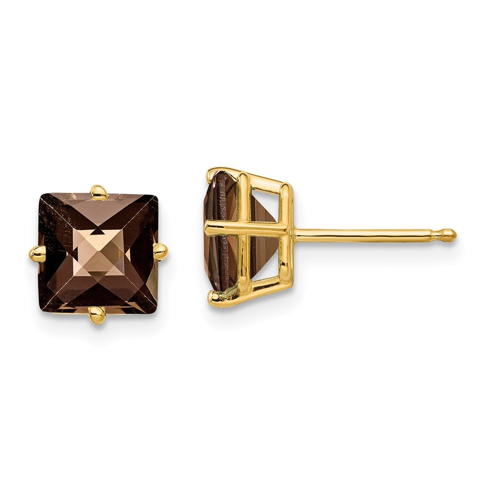 14k 7mm Square Checker-Cut Smoky Quartz Post Earrings