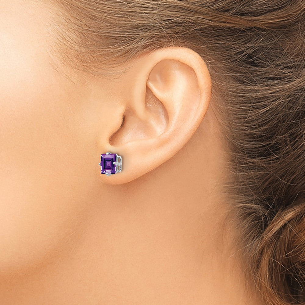 14k White Gold 7mm Princess-cut Amethyst Post Earrings