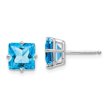 14k White Gold 7mm Princess-cut Blue Topaz Post Earrings