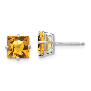 14k White Gold 7mm Princess-cut Citrine Post Earrings