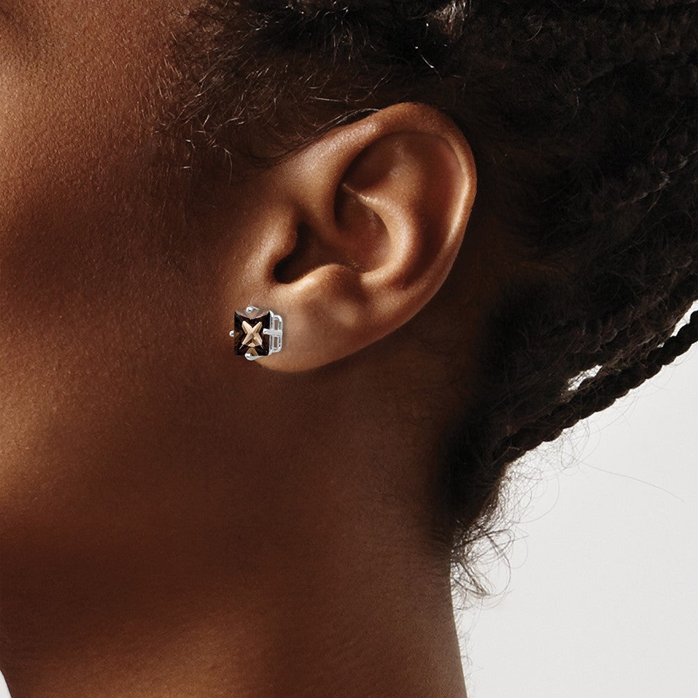 14k White Gold 7mm Square Checker-Cut Smoky Quartz Post Earrings