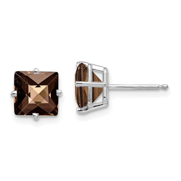 14k White Gold 7mm Square Checker-Cut Smoky Quartz Post Earrings