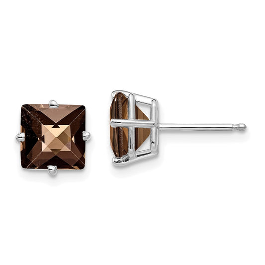 14k White Gold 7mm Square Checker-Cut Smoky Quartz Post Earrings