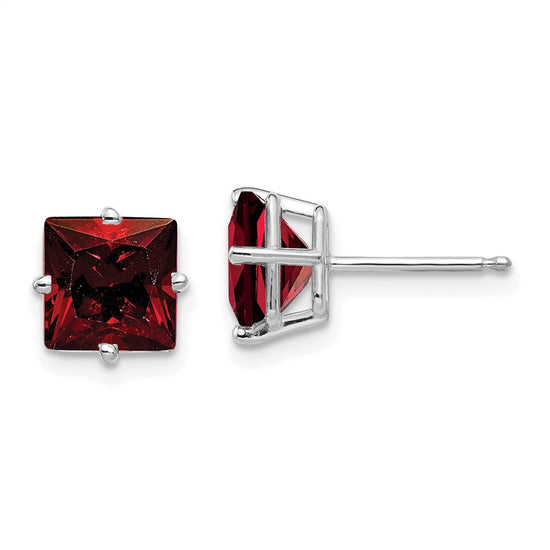 14k White Gold 7mm Princess-cut Garnet Post Earrings
