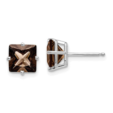 14k White Gold 7mm Square Smoky Quartz Post Earrings