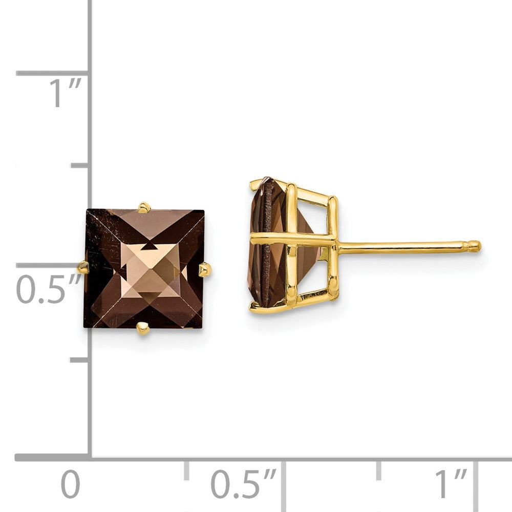 14k 8mm Square Checker-Cut Smoky Quartz Post Earrings