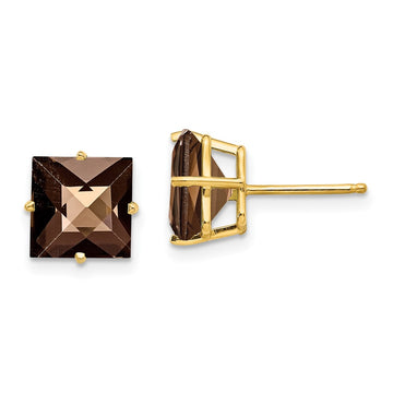 14k 8mm Square Checker-Cut Smoky Quartz Post Earrings