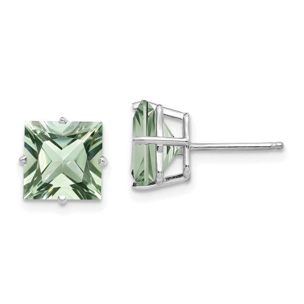 14k White Gold 4-Prong 8mm Princess Green Quartz Post Earrings