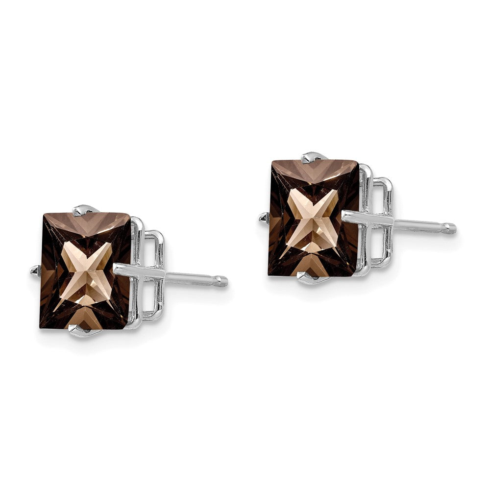 14k White Gold 4-Prong 8mm Princess Checker-Cut Smoky Quartz Post Earrings