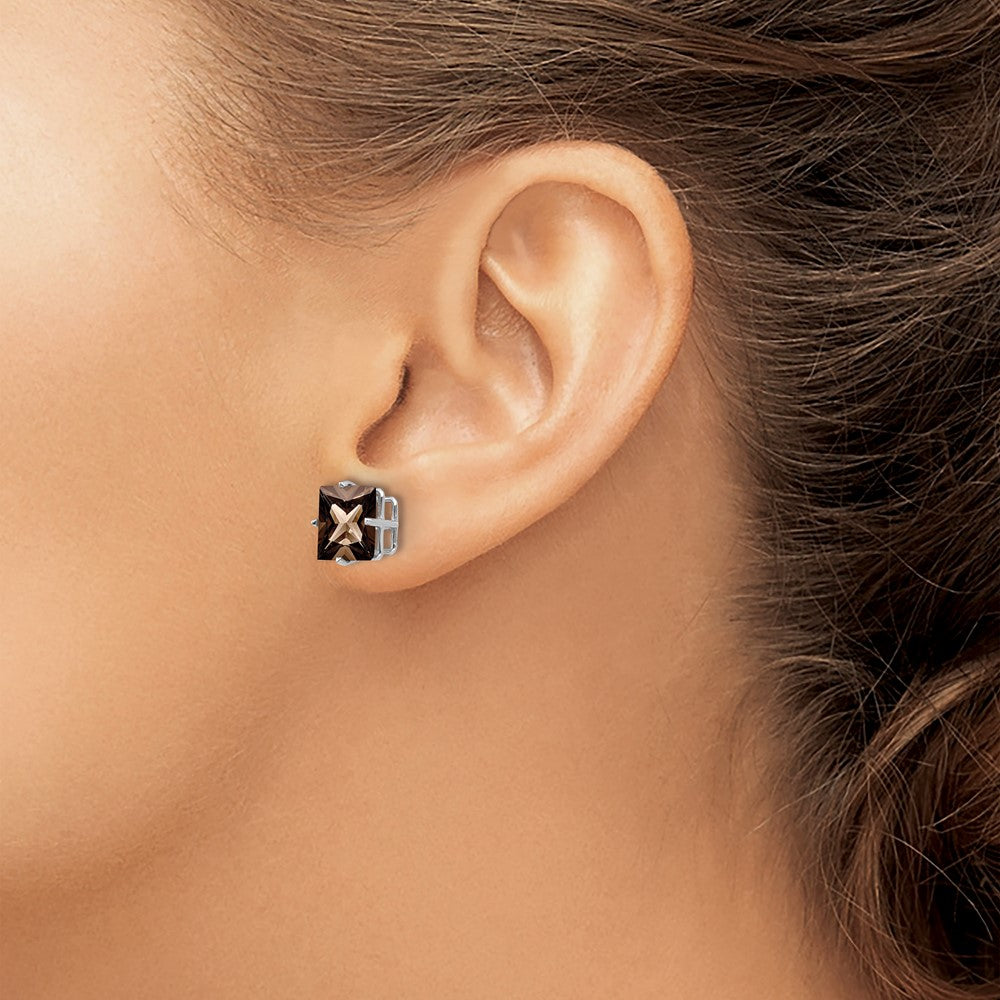 14k White Gold 4-Prong 8mm Princess Smoky Quartz Post Earrings