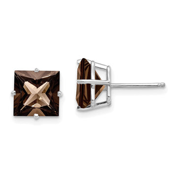 14k White Gold 4-Prong 8mm Princess Smoky Quartz Post Earrings