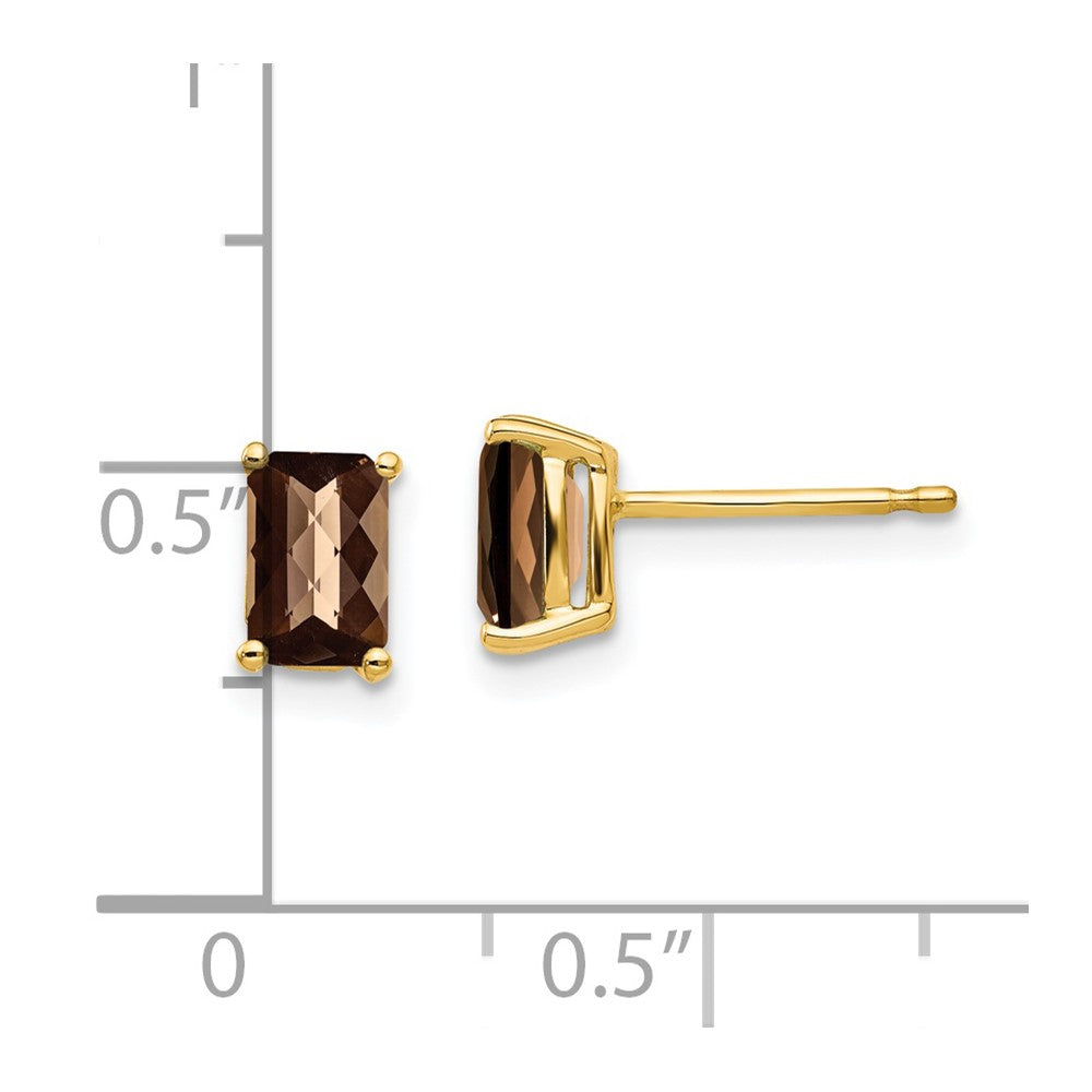 14k 6x4mm Octagon Checker-Cut Smoky Quartz Post Earrings