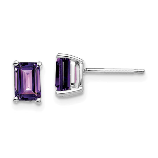 14k White Gold 6x4mm Emerald-cut Amethyst Post Earrings