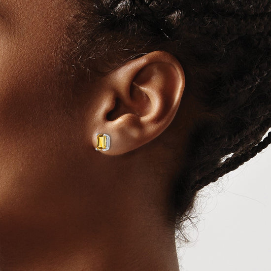 14k White Gold 6x4mm Emerald-cut Citrine Post Earrings