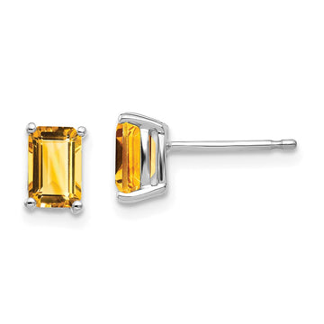 14k White Gold 6x4mm Emerald-cut Citrine Post Earrings
