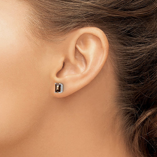 14k White Gold 6x4mm Octagon Checker-Cut Smoky Quartz Post Earrings