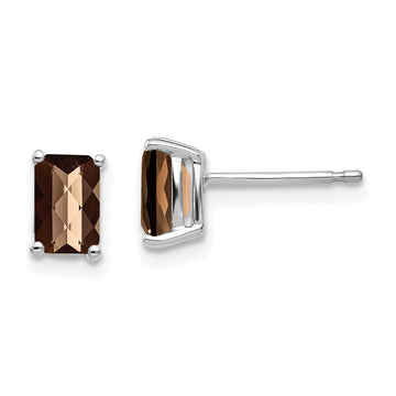 14k White Gold 6x4mm Octagon Checker-Cut Smoky Quartz Post Earrings