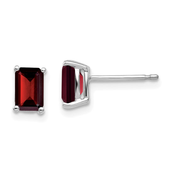 14k White Gold 6x4mm Emerald-cut Garnet Post Earrings