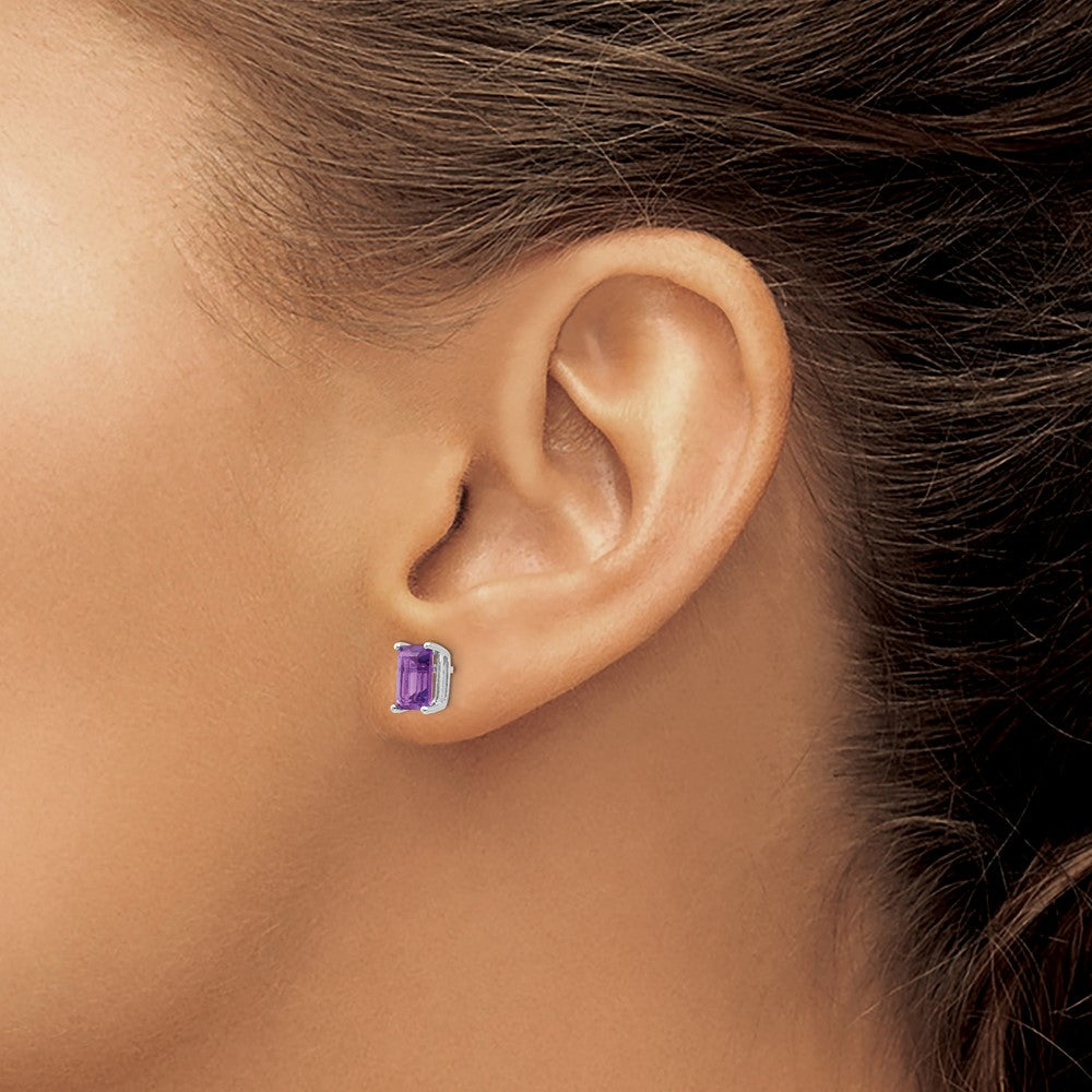 14k White Gold 7x5mm Emerald-Cut Amethyst Post Earrings