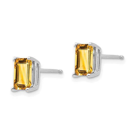 14k White Gold 7x5mm Emerald-Cut Citrine Post Earrings