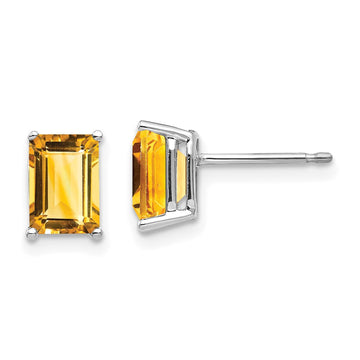 14k White Gold 7x5mm Emerald-Cut Citrine Post Earrings