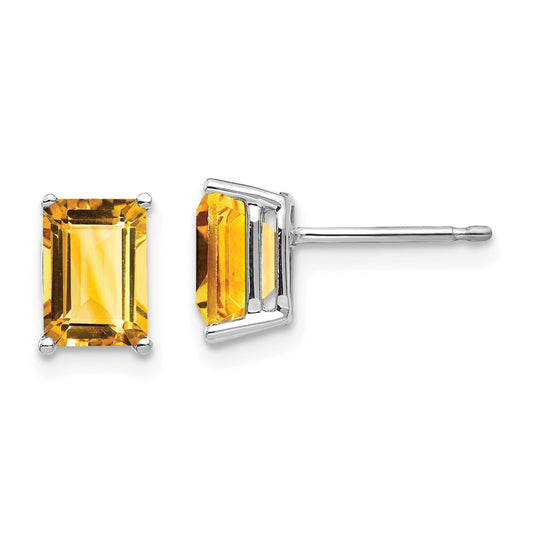 14k White Gold 7x5mm Emerald-Cut Citrine Post Earrings