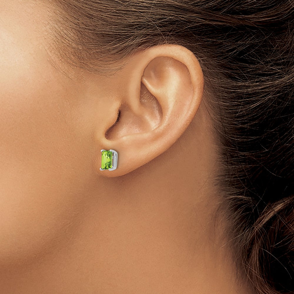 14k White Gold 7x5mm Emerald-Cut Peridot Post Earrings