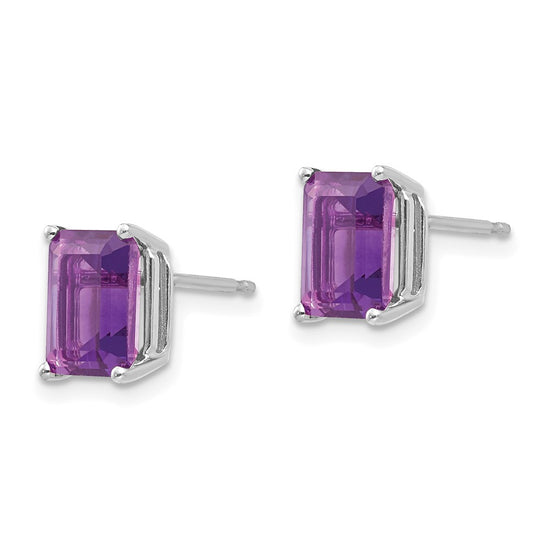 14k White Gold 8x6mm Emerald-Cut Amethyst Post Earrings